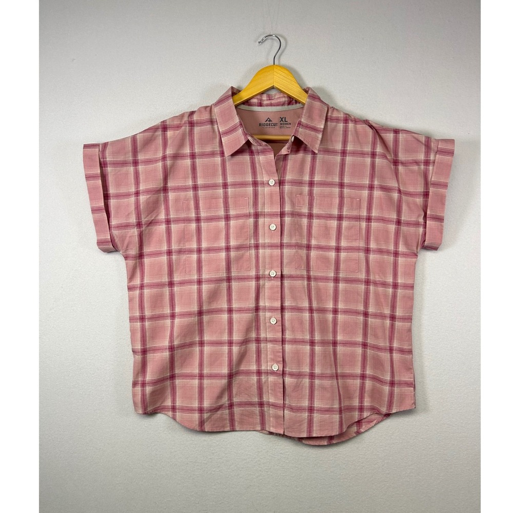 Farmcore Utility Ridgecut‎ Women XL Pink Plaid Short Sleeve Button Up Shirt